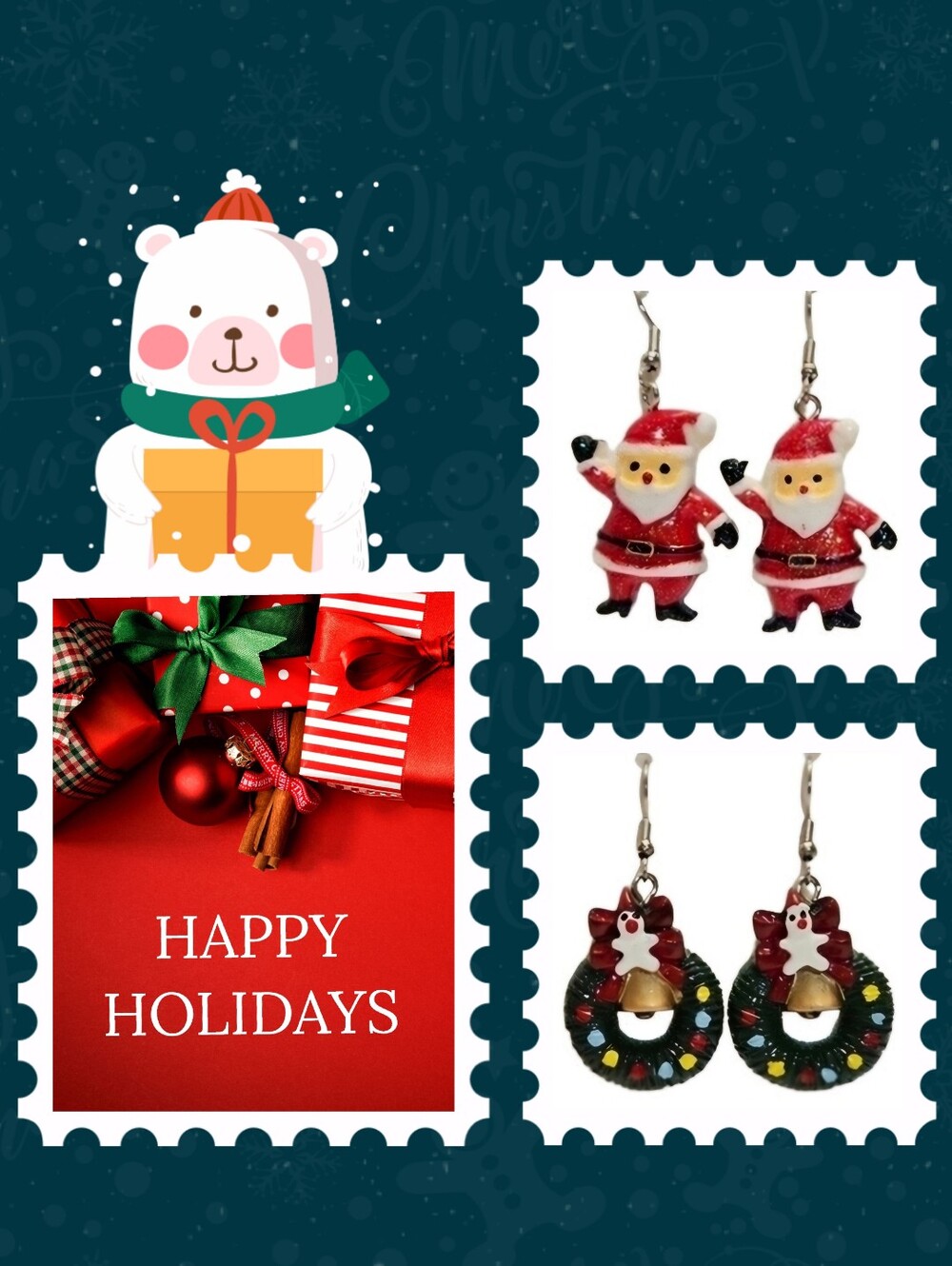 Festive Holiday Santa and Christmas Wreath Earrings
